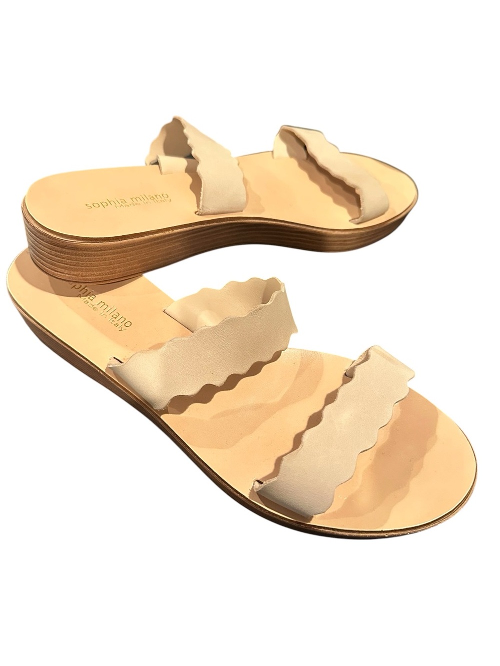SOPHIA MILANO Leather Woven Scallop Double-Strap Slide Sandals TAN Beige 10